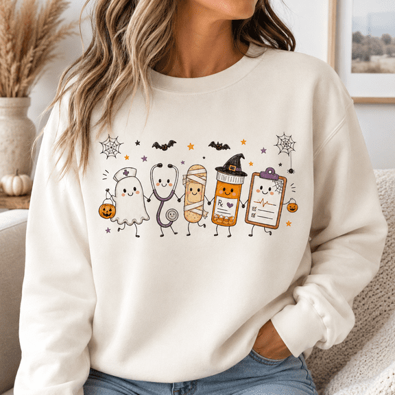 Halloween Nurse Shirt, Cute Spooky Medical Crew Sweatshirt, Ghost Stethoscope Bandage Prescription Hoodie and T-Shirt, Healthcare Worker Gift