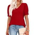 thumbnail image 2 of Womens Tops Short Sleeve Shirts Buttons V Neck Spring Fashion Summer Outfits Plus Size Dressy Casual Blouses Red M, 2 of 5