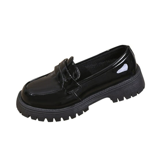 Black Ladies Patent Leather Loafers With Thick Sole British Inspired Low Top For Casual Wear