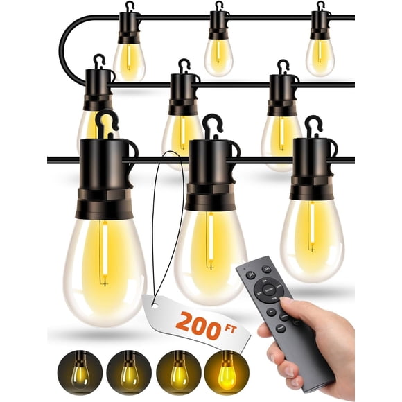 Outdoor Patio String Lights: S14 Shatterproof Bulb Outside Waterproof Light - 200Ft 60M Remote Dimmable Connectable Hanging Outdoor Electric Lighting - Garden Backyard Yard Gazebo Porch Party