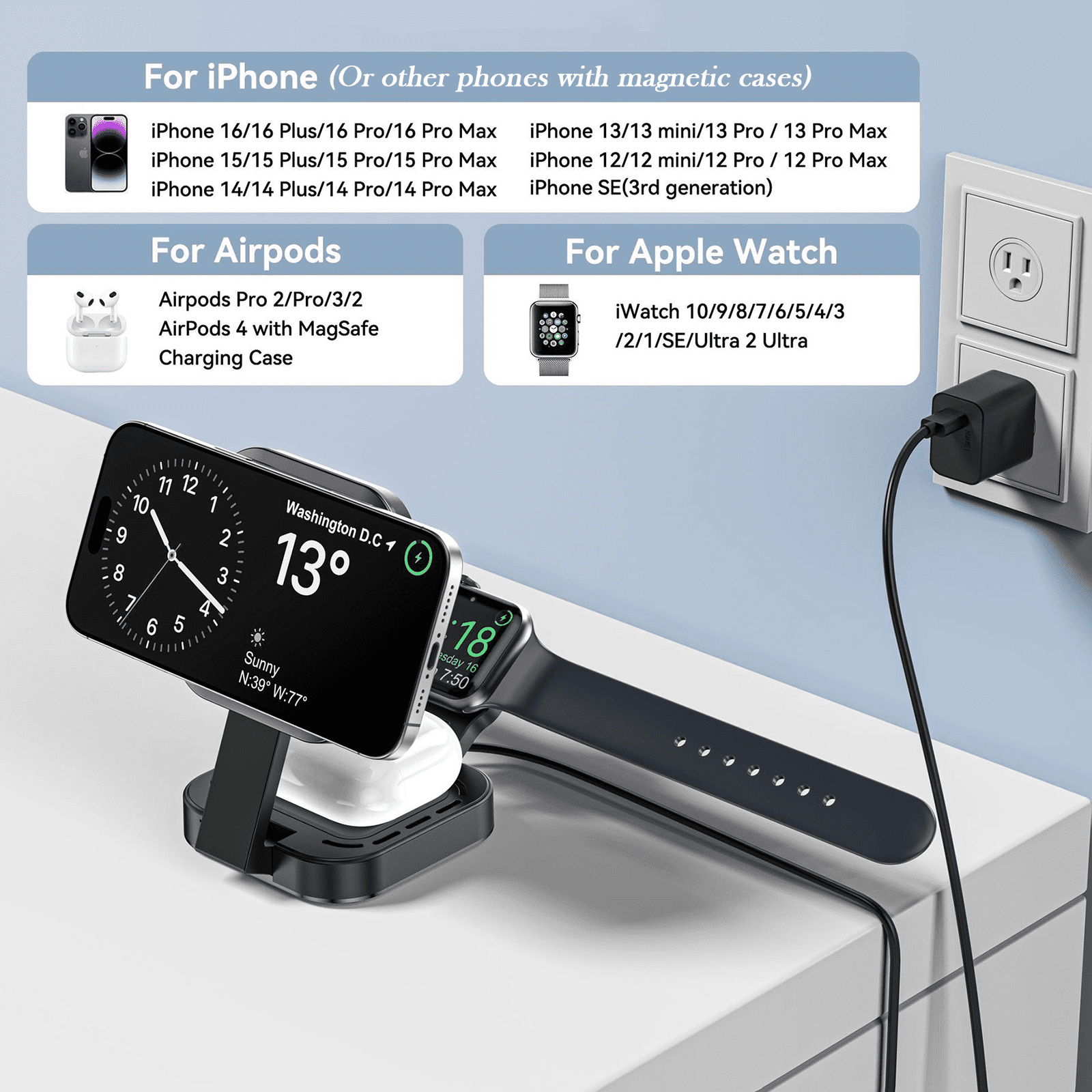 3 in 1 Magnetic Wireless for iPhone Charging Station, Foldable Portable Charger for iPhone 16-12 Pro Max & Apple Watch & AirPods, for Apple Multiple Devices Charger for Home, Office&Travel