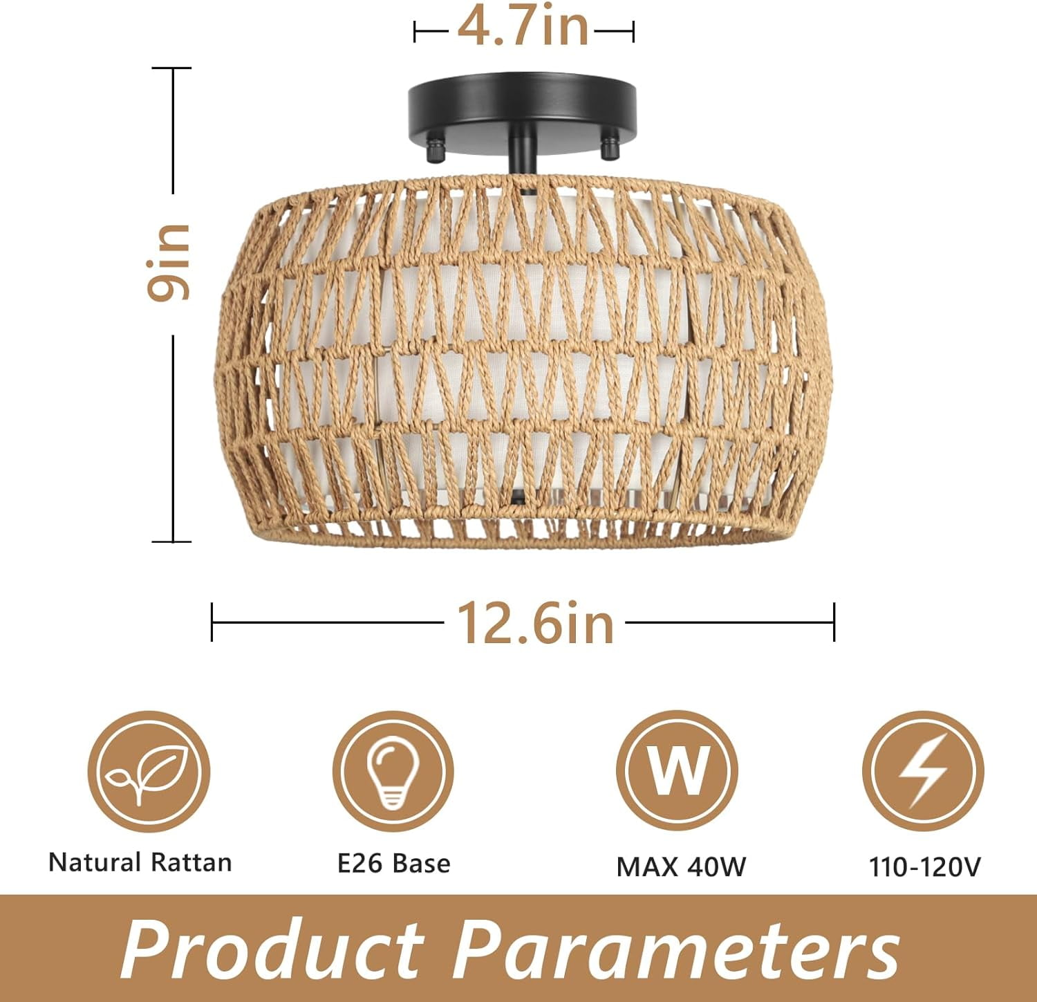 Boho Style Ceiling Light with Rattan Shade - Farmhouse Inspired Semi Flush Mount Fixture for Kitchen, Living Room, Bedroom and Hallway