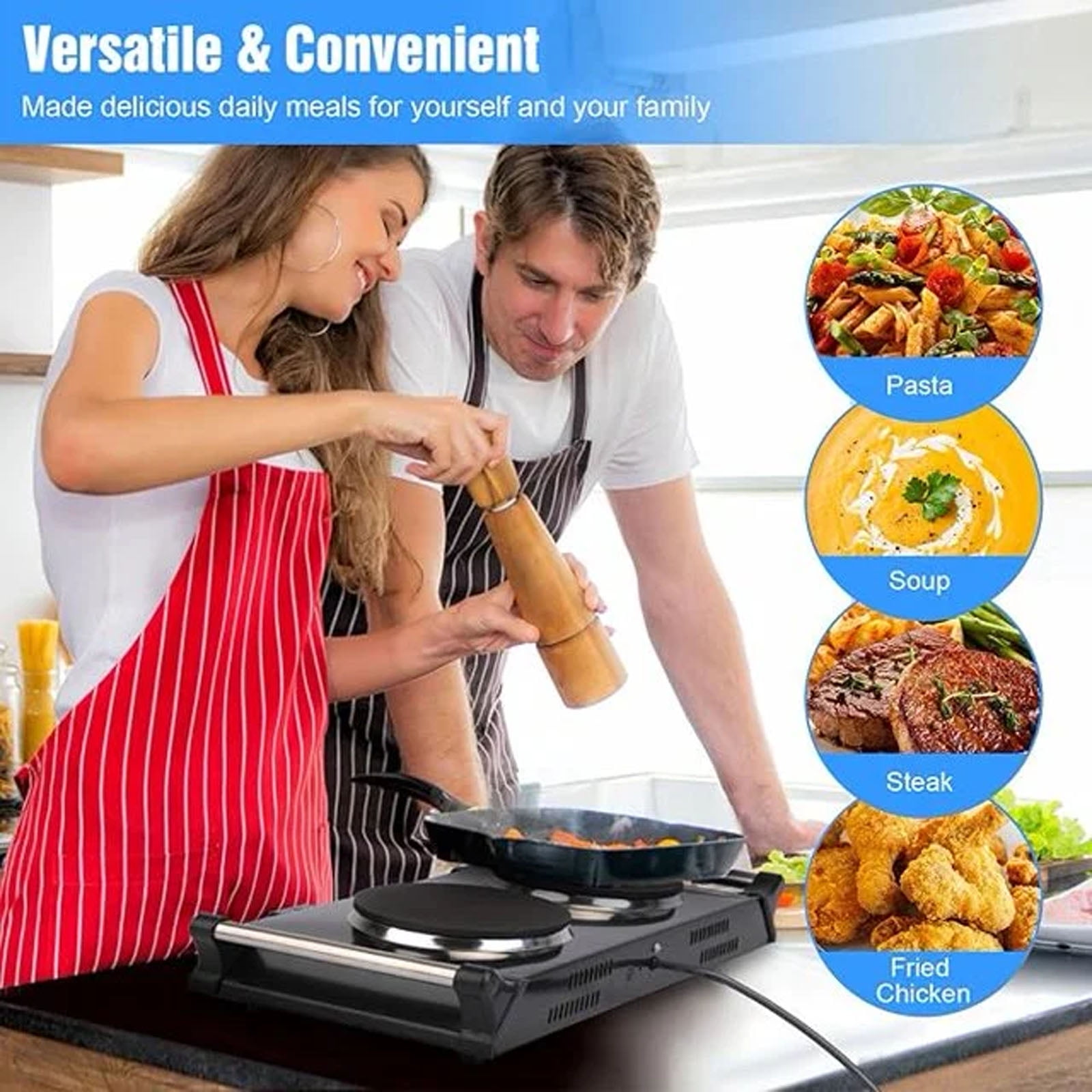 2000W Double Countertop Burner, Portable Electric Hot Plate and Stove with 5 Temperature Controls, Lightweight Burner Cooktop for Kitchen, Dorms, Apartments, RV, Black