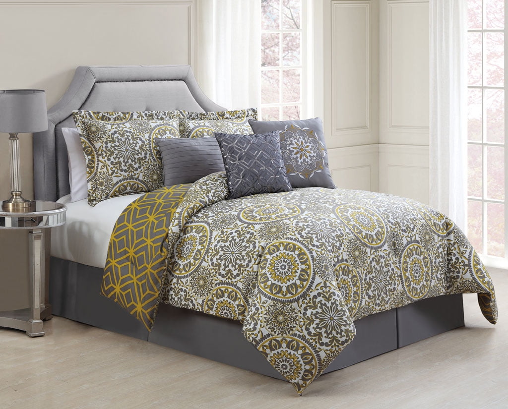 7 Piece Queen Jezebel Gray Yellow Reversible Comforter Set