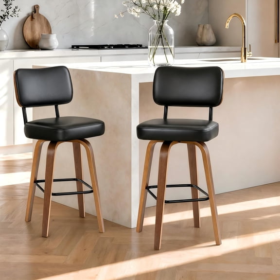 Modern Swivel Bar Stools Set of 2 Counter Height Faux Leather with Back