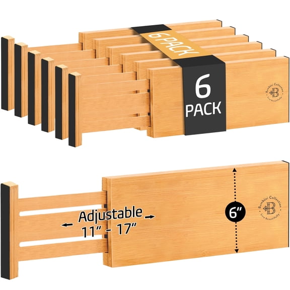 Bamboo Drawer Dividers 6-Pack, Adjustable Expandable Drawer Organizers 11”–17”, 6” High Deep Drawer Separators for Kitchen Utensils, Clothes, Dresser, Bathroom & Office