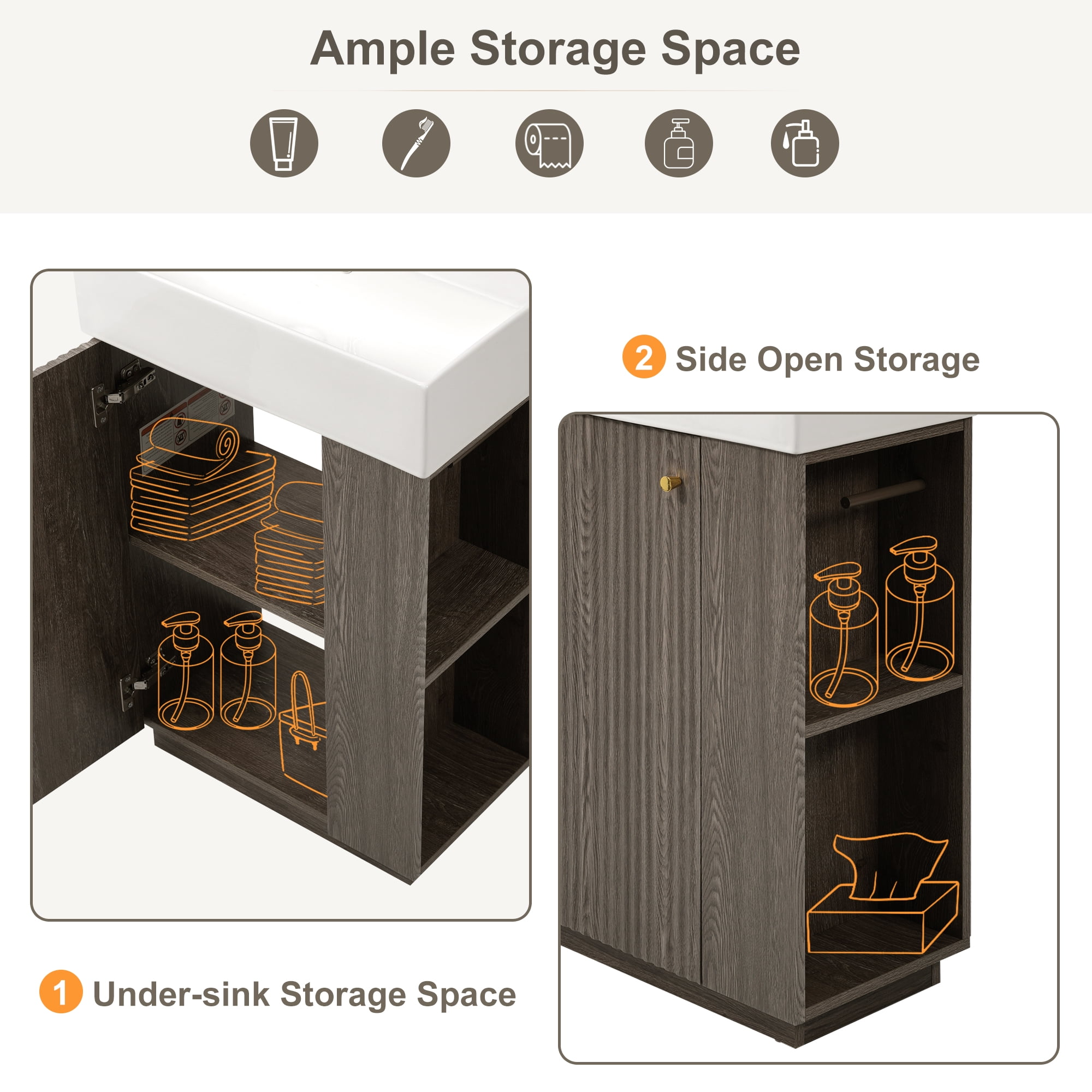 Modern 21.6" Small Bathroom Vanity with Ceramic Sink, Light Wood Grain and Side Storage