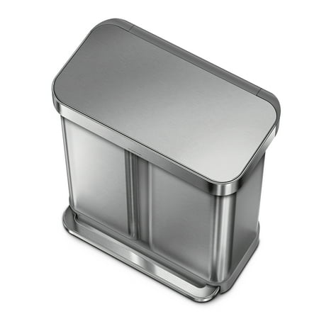 simplehuman - 58 L Rectangular Hands-Free Dual Compartment Recycling Kitchen Step Trash Can with Soft-Close Lid - Brushed Stainless Steel