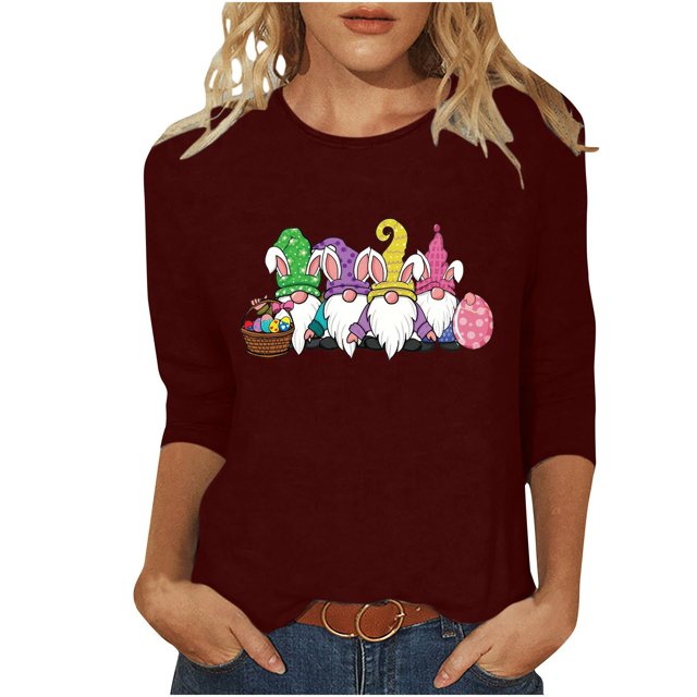 Blouse pour Femmes T-shirt Imprimé Col Rond de Pâques Manches 3/4 Col Rond Chandail