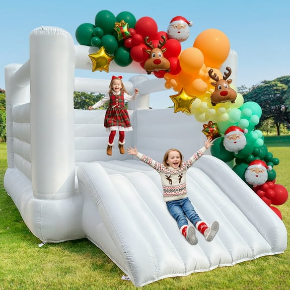 White Bounce House with blower Large Bouncy Castle for Kids Birthday Party Events (133.86 x 96.46 x 74.02inch)