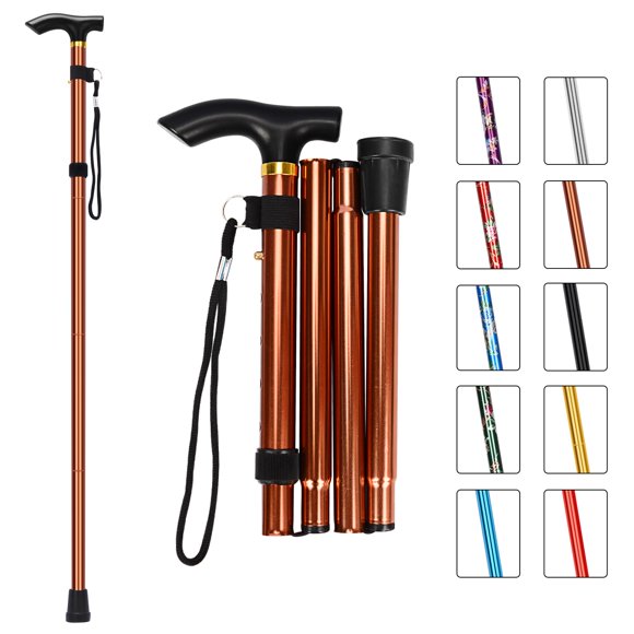 Bastón plegable MFE, portátil, ajustable en 5 niveles de altura, con diseño plegable, correa de muñeca y mango en T para hombres y mujeres, color caqui