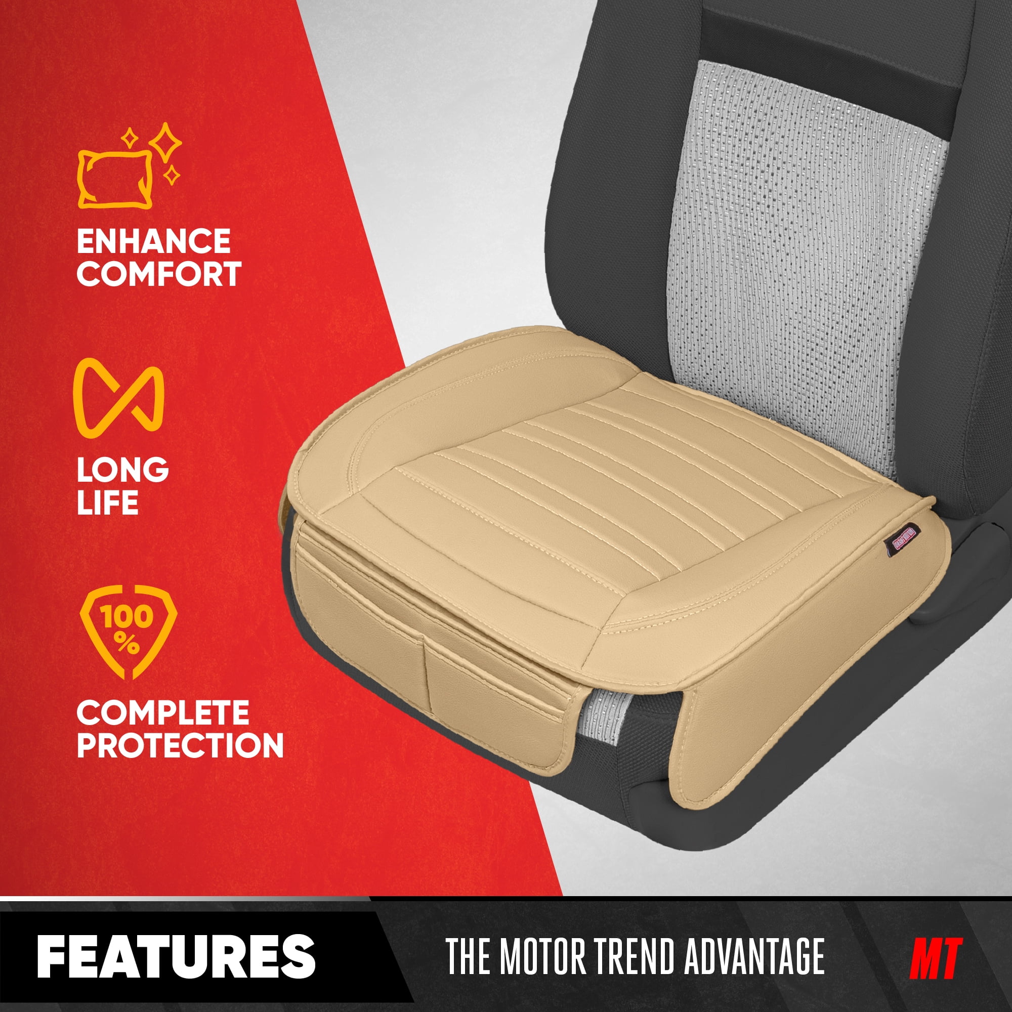 Motor Trend Seat Covers for Cars Trucks SUV, Faux Leather Full Set Beige Padded Car Seat Covers with Storage Pockets, Premium Interior Car Seat Cover
