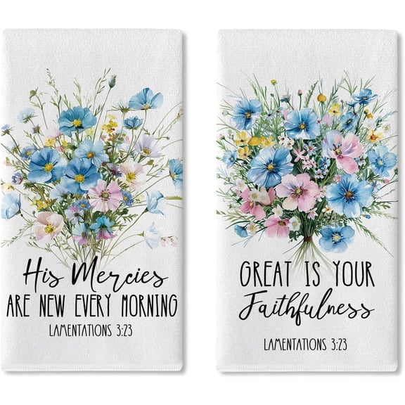 Christian Floral Kitchen Dish Towels Set of 2, Religious Flower Bible Verse Drying Hand Towel Baking Cooking Cloth, His Mercies are New Every Morning Scripture Bathroom Home Decor 18''x26''