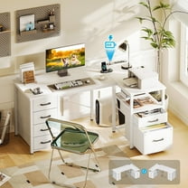 Casacomoda 55 inch Computer Desk with 5 Drawers and File Cabinet for Storage, Office Desk with Storage Shelf & Power Outlets, Home Office Desks, White