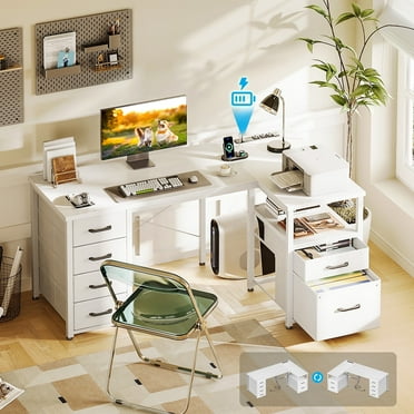 Casacomoda 55 inch Computer Desk with 5 Drawers and File Cabinet for Storage, Office Desk with Storage Shelf & Power Outlets, Home Office Desks, White