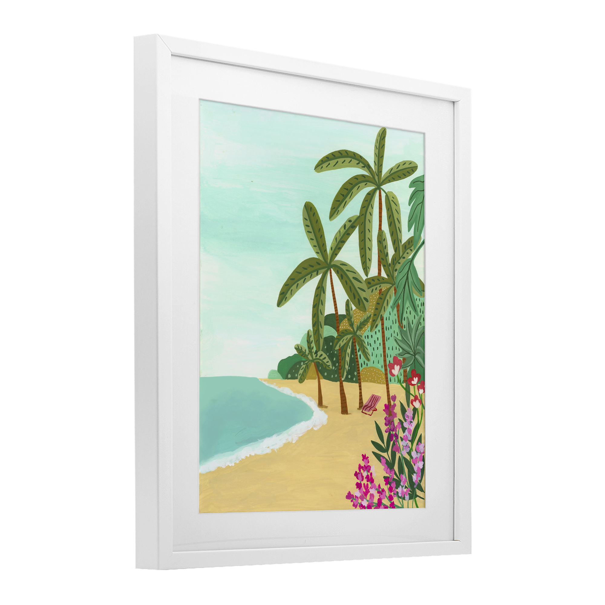 Palm Filled Shoreline White Framed Print Under Glass, design by Nabeela Rumi