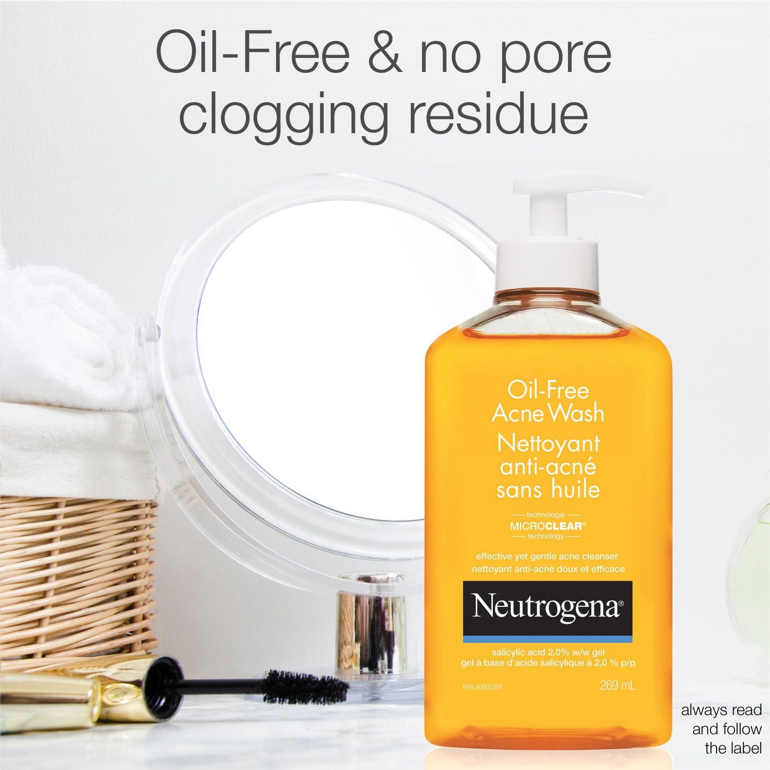Neutrogena Oil-Free Acne Wash, Facial Cleanser with 2% Salicylic Acid Acne Treatment, Daily Oil-Free Acne Face Wash for Acne-Prone Skin with Salicylic Acid, 269 mL