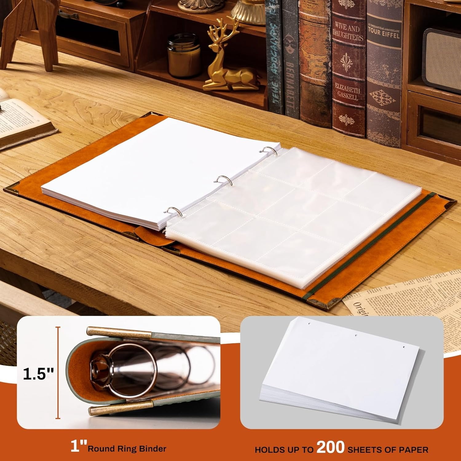 Leather Suitable for 8.5-inch X 11-inch Letter-sized Paper, 1-inch Round Ring Binder Can Hold 200 Sheets, Notebook Cover Loose-leaf Organizer, Green Tree