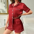 thumbnail image 4 of Horkkom Satin Pajama Set for Women 2 Piece Short Sleeve Tops Elastic Waist Shorts Loungewear Summer Button Down Silk Pjs with Pocket Red XL, 4 of 6