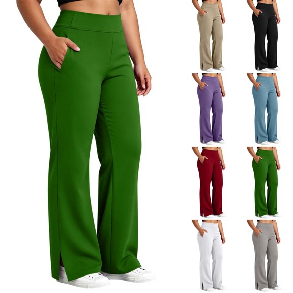 Qingpeng Womens Plus Size Elastic High Waisted Bootcut Yoga Pants Side Slit Hem High Stretch Casual Sports Trousers with Pockets