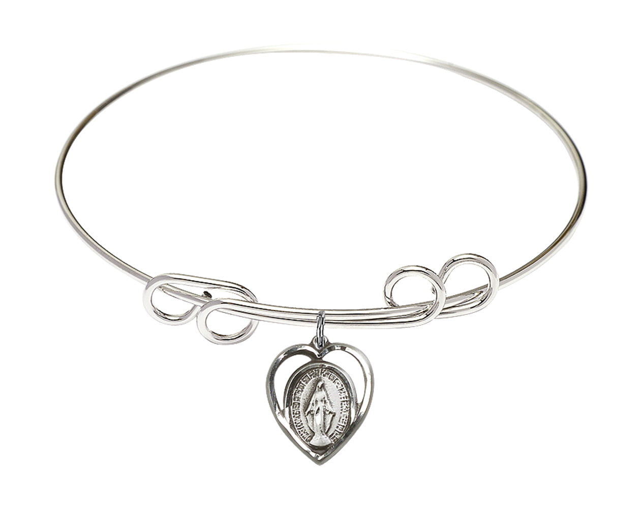 Rhodium Plate Double Loop Bangle Bracelet with Miraculous Medal Charm 8 Inch