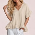 thumbnail image 5 of ClodeEU Women's V Neck Short Sleeve Blouse with Ruffle Hem, Casual Loose Fit Flowy Top Khaki,Women's Plus XXXL, 5 of 6