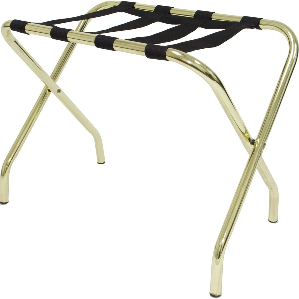 Gold Finish Metal Folding Luggage Stand with Black Straps
