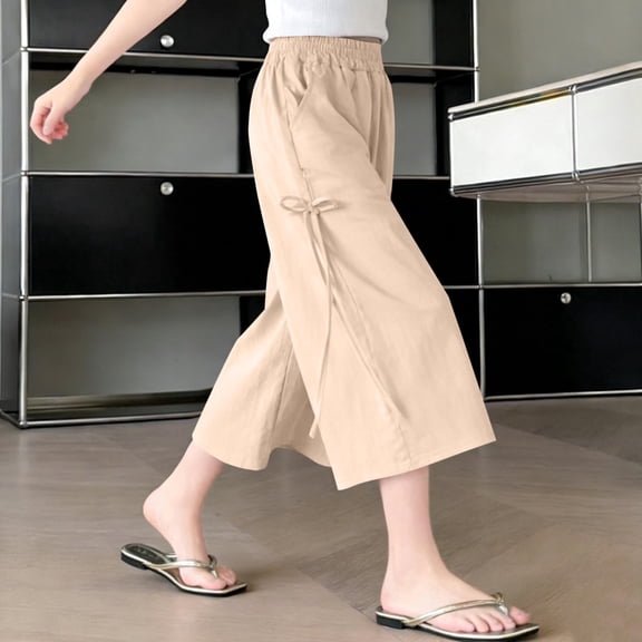 Girls Wide Leg Palazzo Pants Elastic Waist Casual Cropt Pants with Side Tie Lightweight Summer Lounge Trousers Beige,Size 5-6T