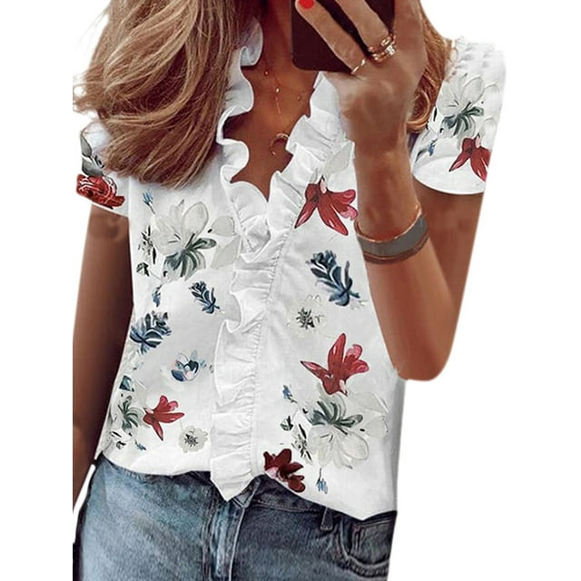 Fashnice Women Blouse Ruffle Tops V Neck Shirts Basic Office Pullover Top White M
