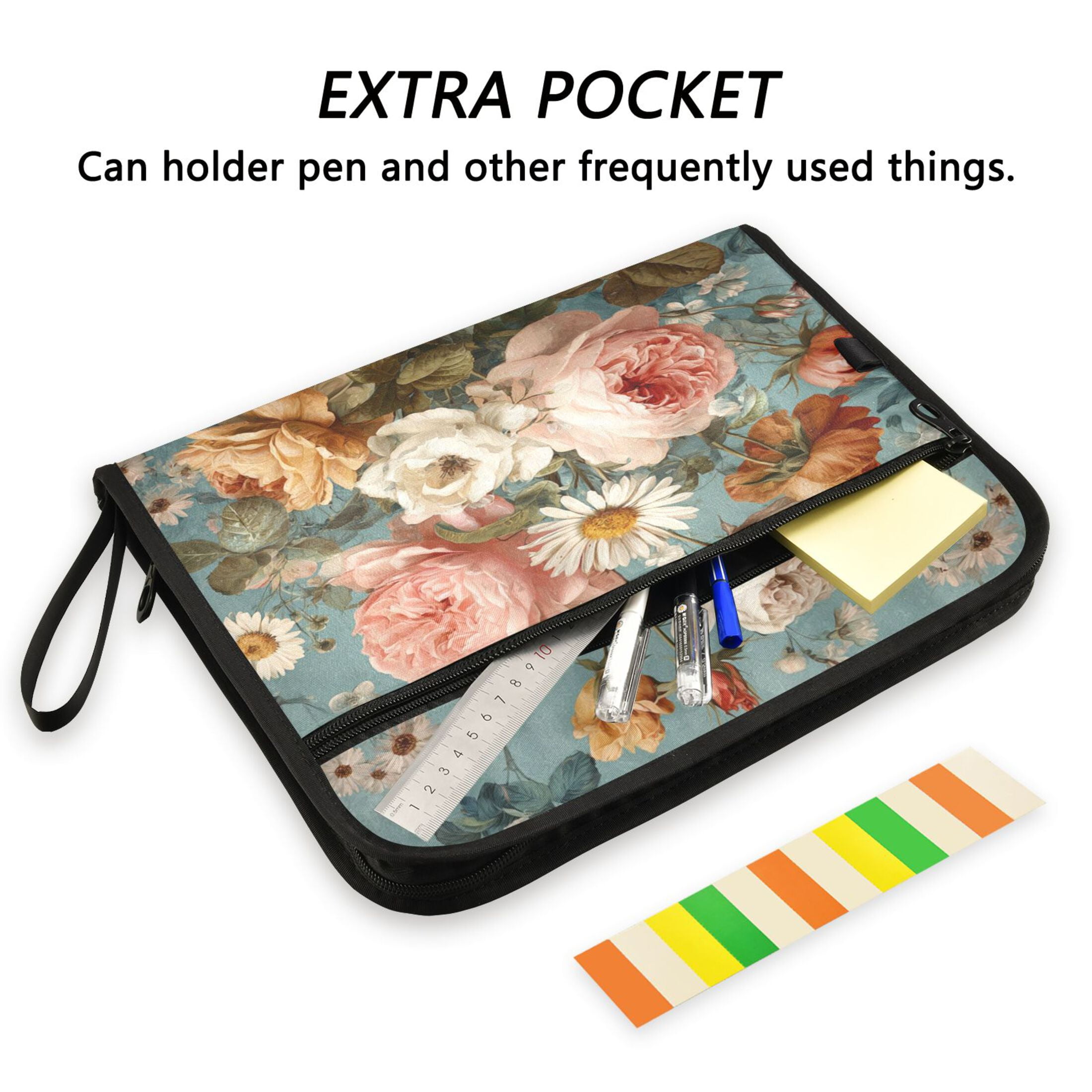 Accordion File Organizer with Zip Closure 13 Pockets Expanding File Folder Letter A4 Paper Document Organizer for Home Office Vintage Roses and Peonies