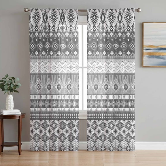 Grey White Boho Sheer Curtains 84 Inch Length 2 Panels Set, Vintage Ethnic Tribe Abstract Art Voile Window Treatment Rod Pocket Curtains Sheers Drapes for Bedroom/Living Room/Kitchen 52"x84"x2