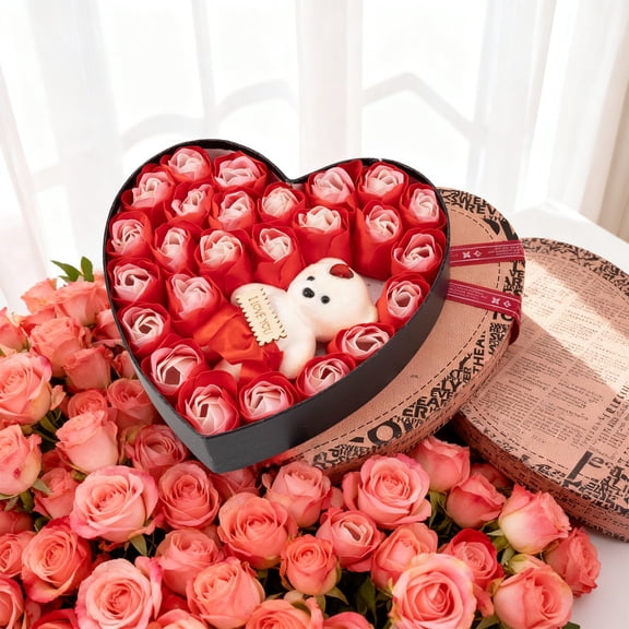 Romantic Roses Flower Gift Box with Cute Teddy Bear and Tag I Love You Heart-Shaped Artificial Rose Scented Bath Body Petal for Valentines Day Mother's Day Birthday Gift