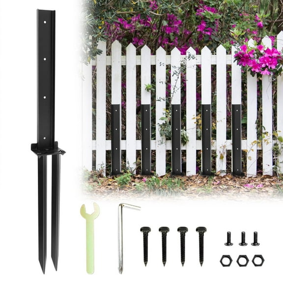 Fence Post Repair Kit, Heavy Duty Steel Fence Post Repair Stakes, Metal Garden Posts Ground Anchors Spike for Fencing, Repairing Tilted Broken Wood Posts, Black