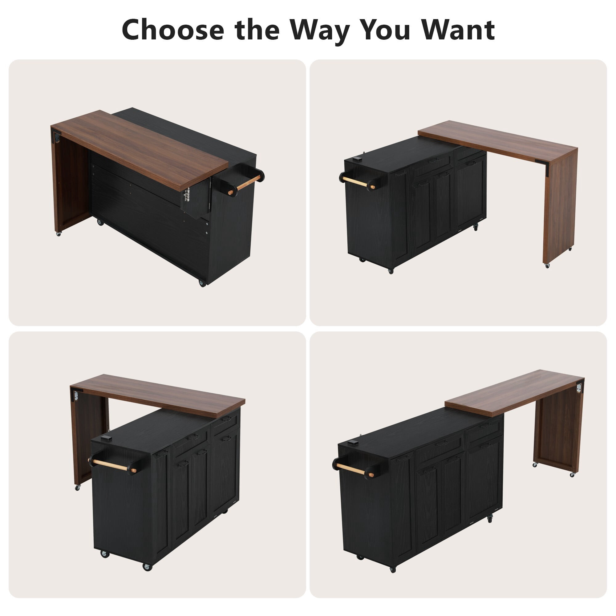 AENKYO 102" Kitchen Island w/ Swivel Extendable Table, Rolling Cart w/ Tilt-out Trash Cabinet & Spice Rack, Black