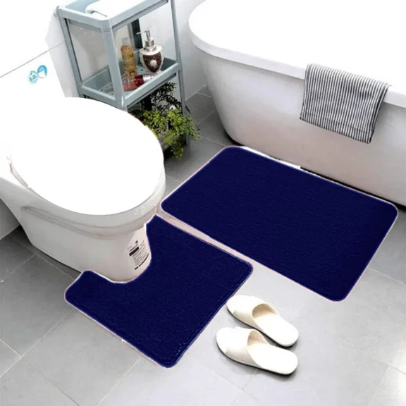 Gorgeous Home Linen 2-Piece Dark Blue Solid Print Polyester Bath Mats with Non-Slip Backing