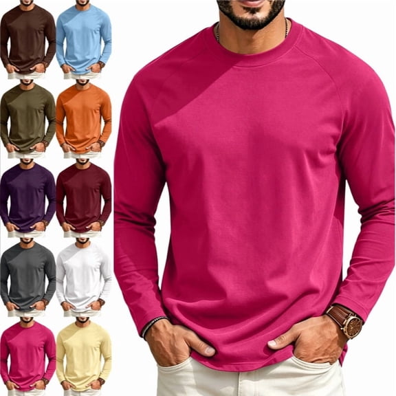 Men's Long Sleeve Tee Shirts Crew Neck T Shirt Solid Casual Basic Tees Soft Stretch T-Shirts Hot Pink 240