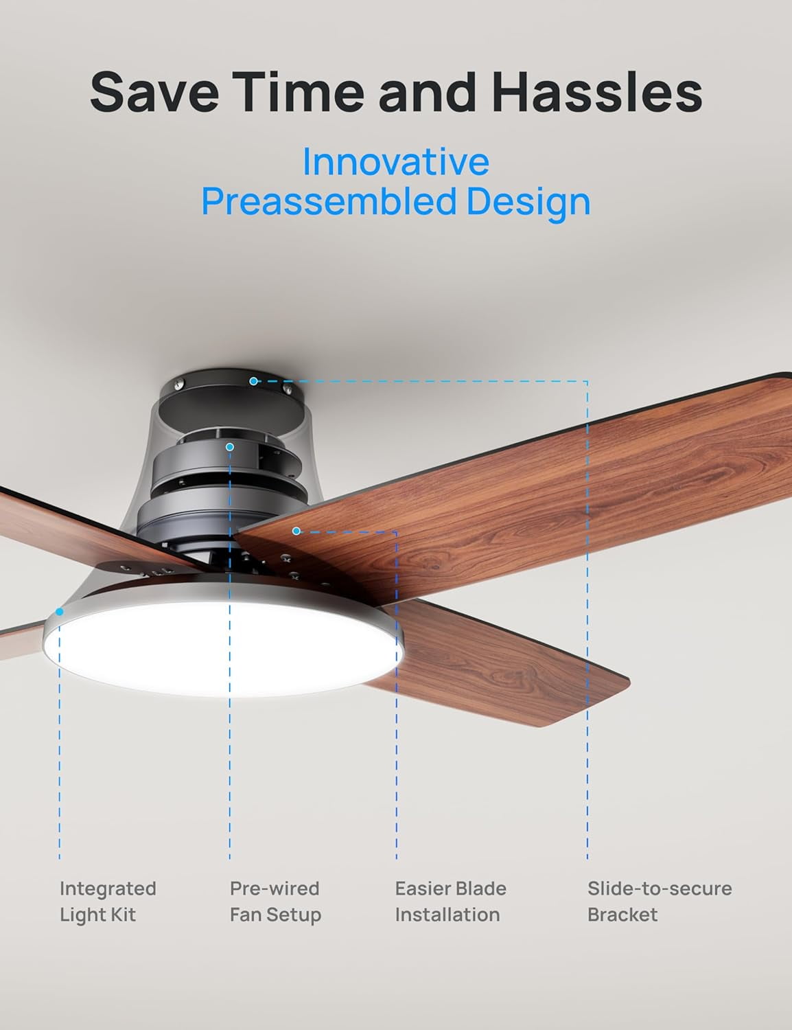 Dreo Ceiling Fans with Lights and Remote, 44'' Low Profile Ceiling Fan for Indoor Bedroom, 6-Level Dimmable Lighting & 5-Color Tone, 6 Speeds, Reversible DC Motor, Easy Installation, Black