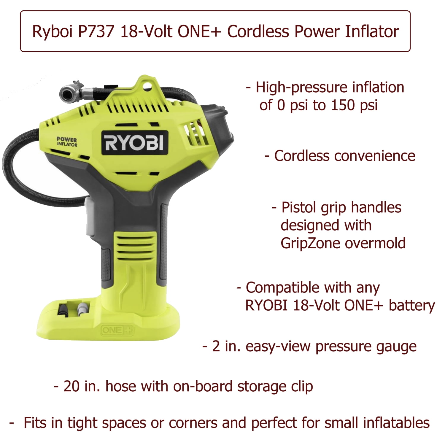 Ryobi P737D Inflator Bundle: Charger, 18V 1.5Ah Battery, Buho Tool