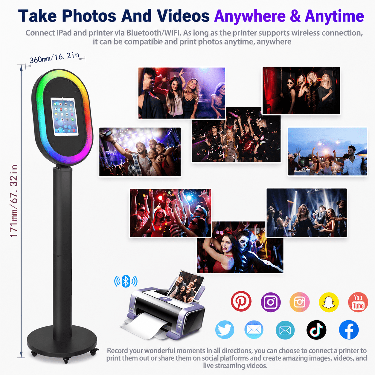 Portable iPad Photo Booth Stand with RGB Ring Light - Compatible with 10.2" to 13" iPad Pro/Air, Party Selfie Station for Weddings & Corporate Events (Black)​
