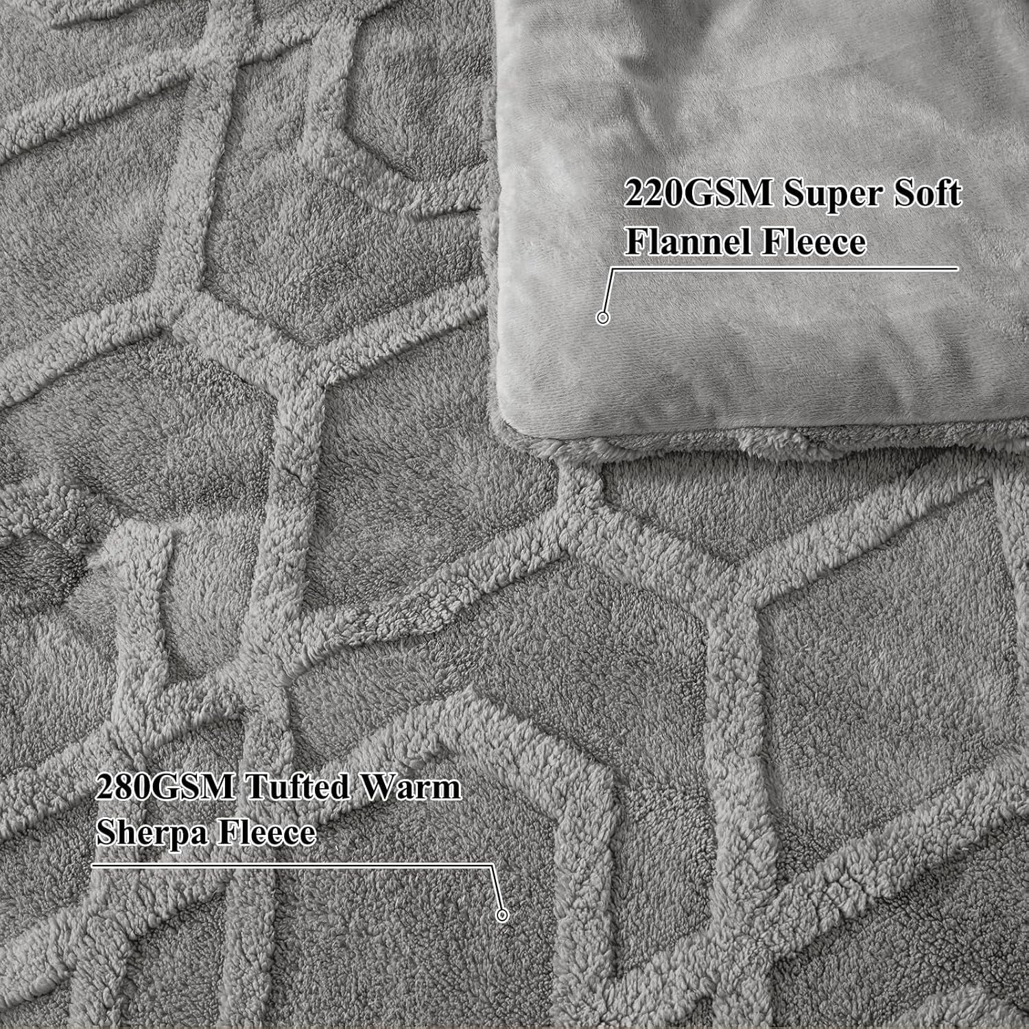 PHF Warm Sherpa Fleece King Comforter Set, 3D Tufted Fluffy Grey Bedding for Winter, Soft 2 Pieces Shaggy Bed Set, 1 Comforter (104"x90") and 2 Pillowcases (20"x36")