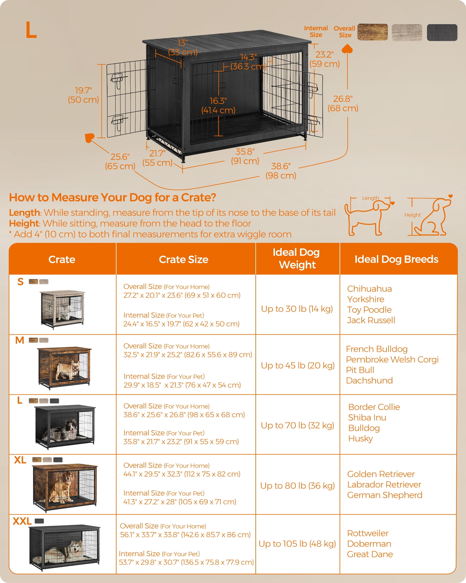 Feandrea Wooden Dog Crate Furniture,Double-Doors Kennel for Dogs Indoor up to 70 lb, Removable Tray, End Table Dog Crate for Decoration 38.6"L x 25.6"W x 26.8"H, Ink Black
