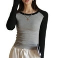 thumbnail image 1 of Camisetas de manga larga/corta a rayas con bloques de color para mujer, camisetas cómodas informales, tallas grandes, 1 of 6