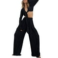thumbnail image 1 of Qmyliery Women Two-piece Pants Suit, Solid Color Deep V-neck Tie Front Crop Tops and Straight-leg Trousers,S/M/L/XL, 1 of 5