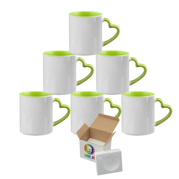 MR.R 11oz Set of 6 Sublimation Blank Coffee Mugs,Cup Blank White Mug Cup with Green Inner Color Mug and Heart Handle