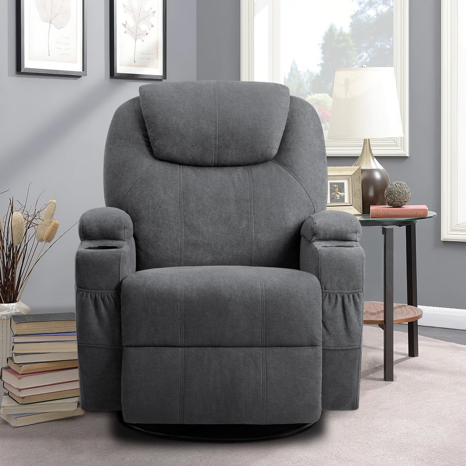 Homall Swivel Rocking Recliner Chair Massage Fabric 360 Swivel Rocker Recliner Living Room Chair Home Theater Seating,Fabric Gray Single Sofa Chair