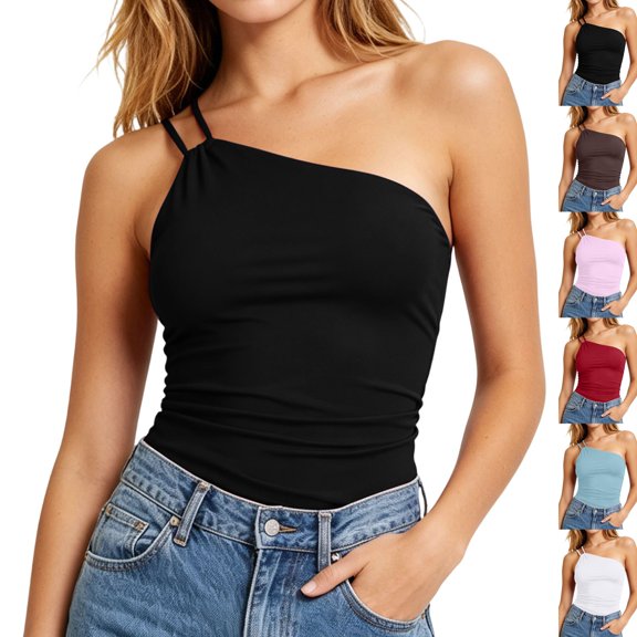 Tank Top for Women with Built-in Bra, One Shoulder Slim Crop Spaghetti Strap Camisole for Summer Wear Black L