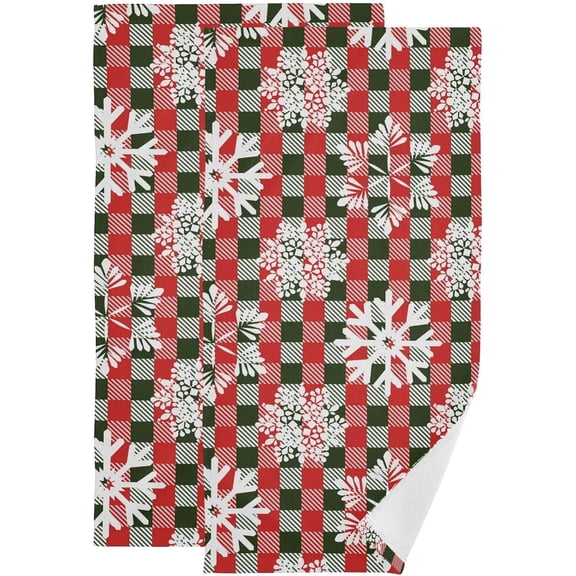White Snowflakes Christmas Hand Towels 2 PCS, Checkered Green Red Plaid Kitchen Towel Ultra Soft and Highly Absorbent,Decorative Fingertip Face Towel for Bathroom Hotel, 28.3"x 14.4"