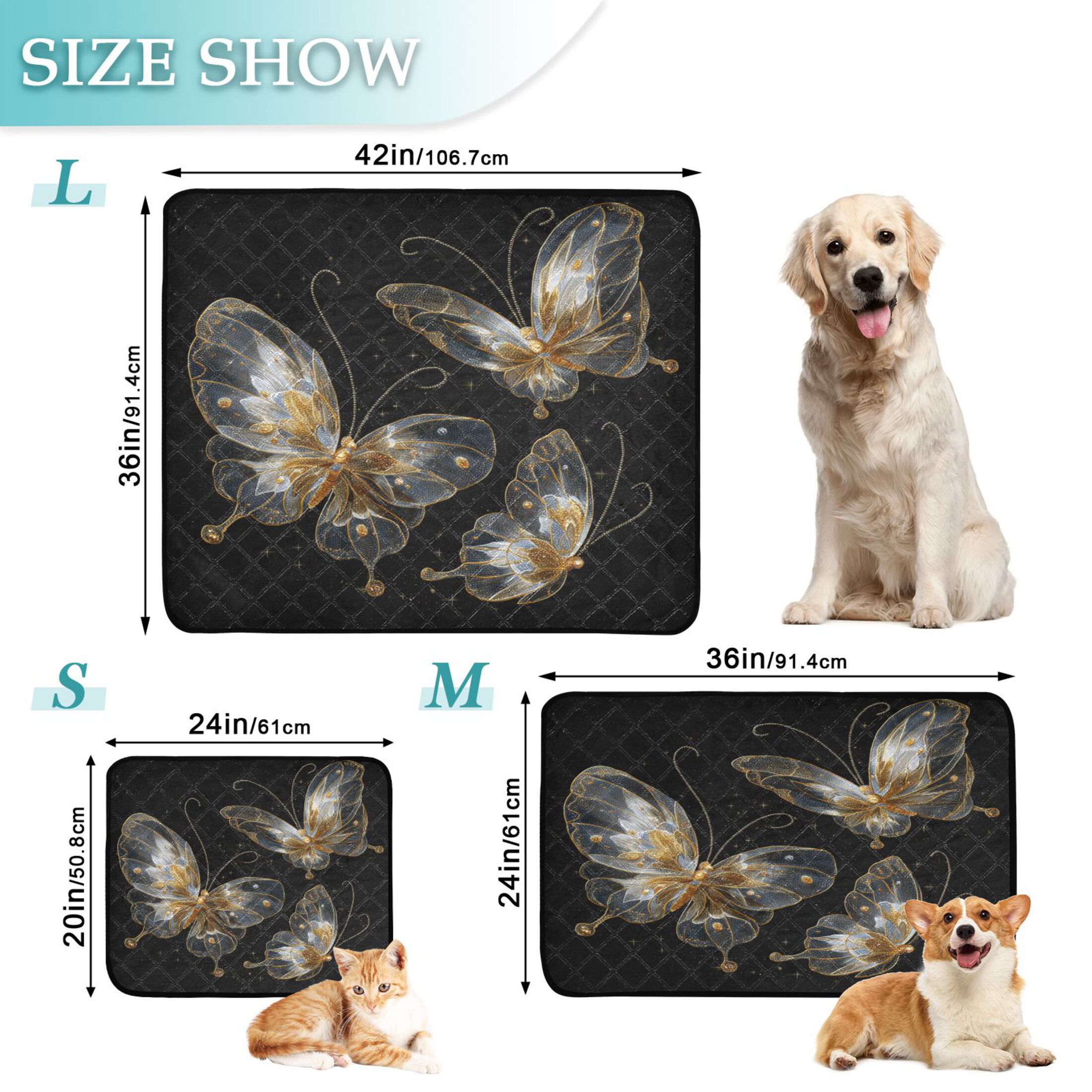 Qxltty Gold Transparent Butterfly Cat litter Pads Pet Set of 2 Diaper Mats Center Anti-leakage Layer Absorbent Soft and Comfortable