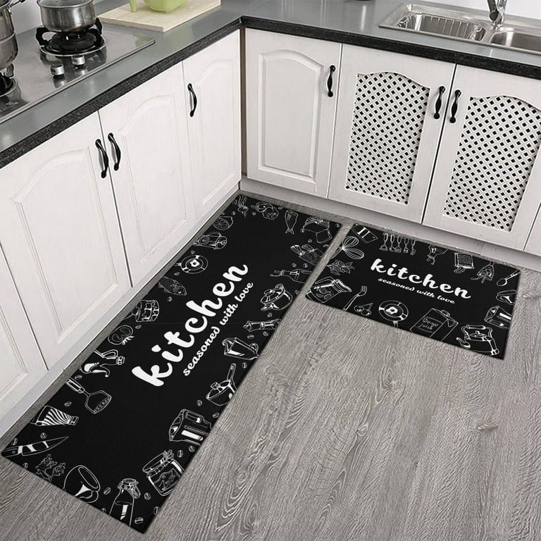 ERAMONG Kitchen Rugs, Cushioned Anti-Fatigue Kitchen Mats For Floor 2  Pieces, 17x48+17x28, Black 