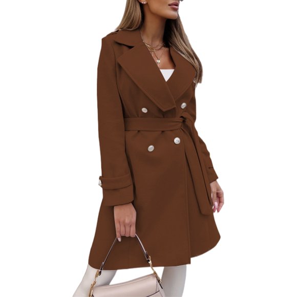 LUXUR Ladies Notch Lapel Overcoats Mid Length Travel Wool Pea Coat Camel XL